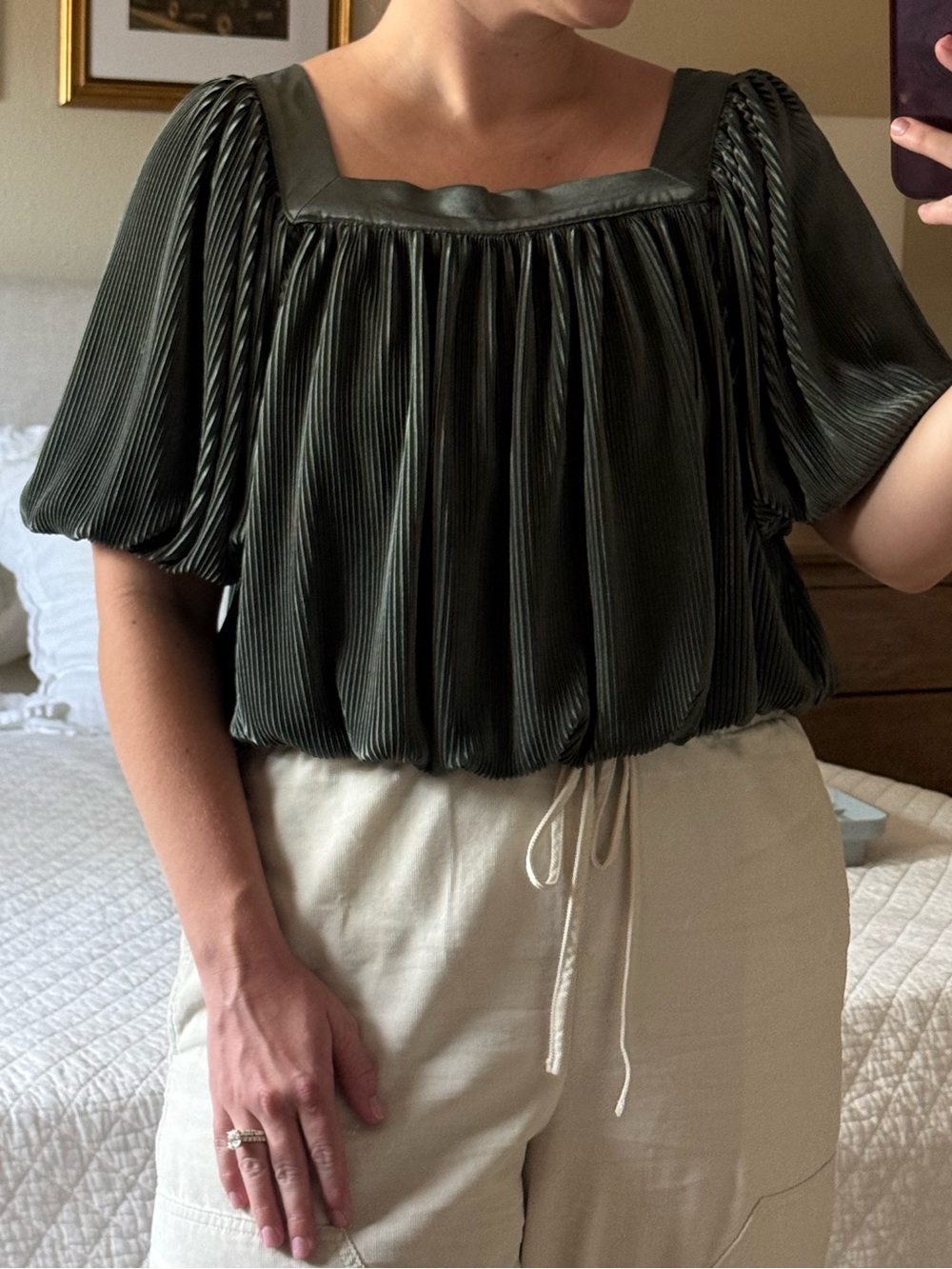Women's Olive Green Pleated Square-Neck Top